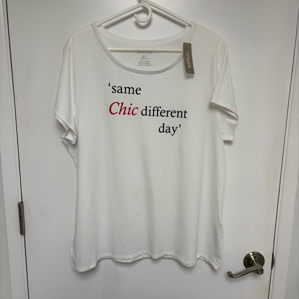 Chico's  Fun White Cotton Tee with Black and Red Text